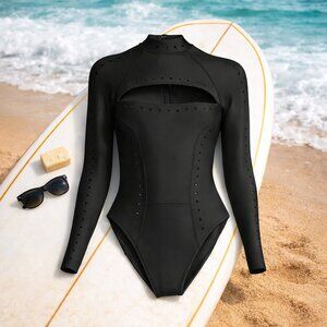 GIGI C Laurel Surfsuit Medium One Piece Black Long Sleeve Rash Guard Swim Surf